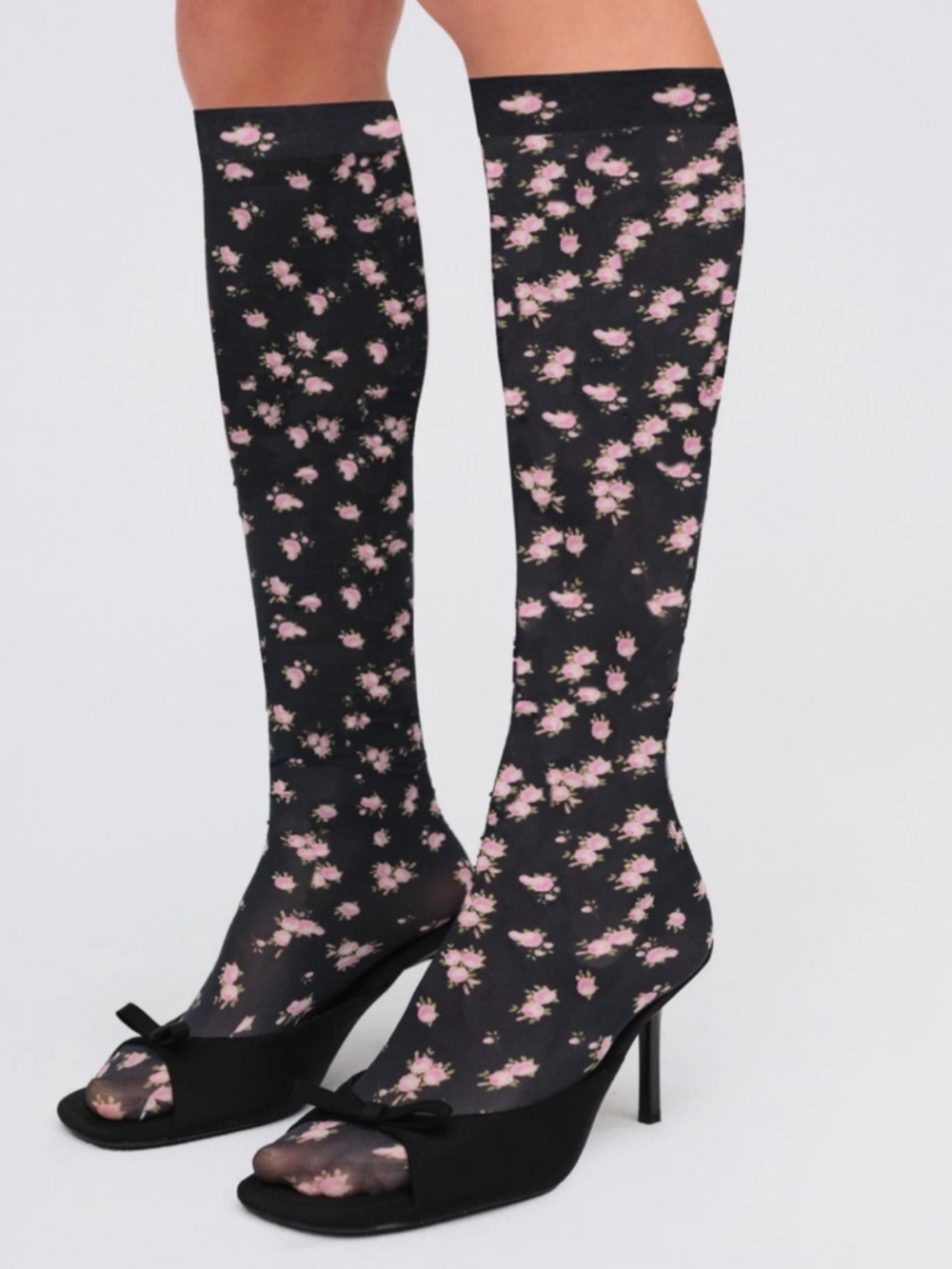 For Love & Lemons Black Knee-High Socks with Pink Floral Motif